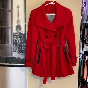 Calvin Klein bright red wool pea coat size 4